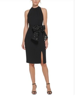 Eliza J Sequin Belt Halter Sheath Dress in Black NWT Size 8 Retail $200 