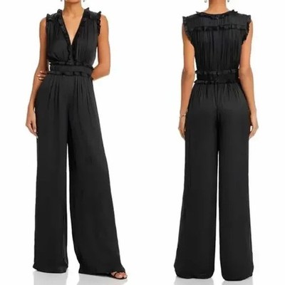 Ramy Brook Black Katelyn Ruffle Sleeveless Satin Jumpsuit Size 6 $545