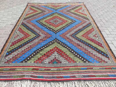 Blue Area Rugs, Boho Rug, Wool Rug, Vintage Turkish Kilim, Large Kelim 80''X120''
