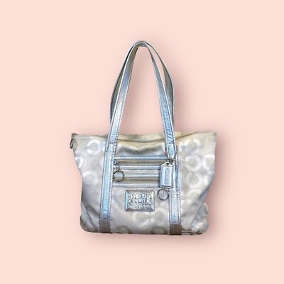 バッグ COACH POPPY Logo Tote Silver Gray COACH Poppy Y2K Vintage Silver Jacquard Large Designer Tote