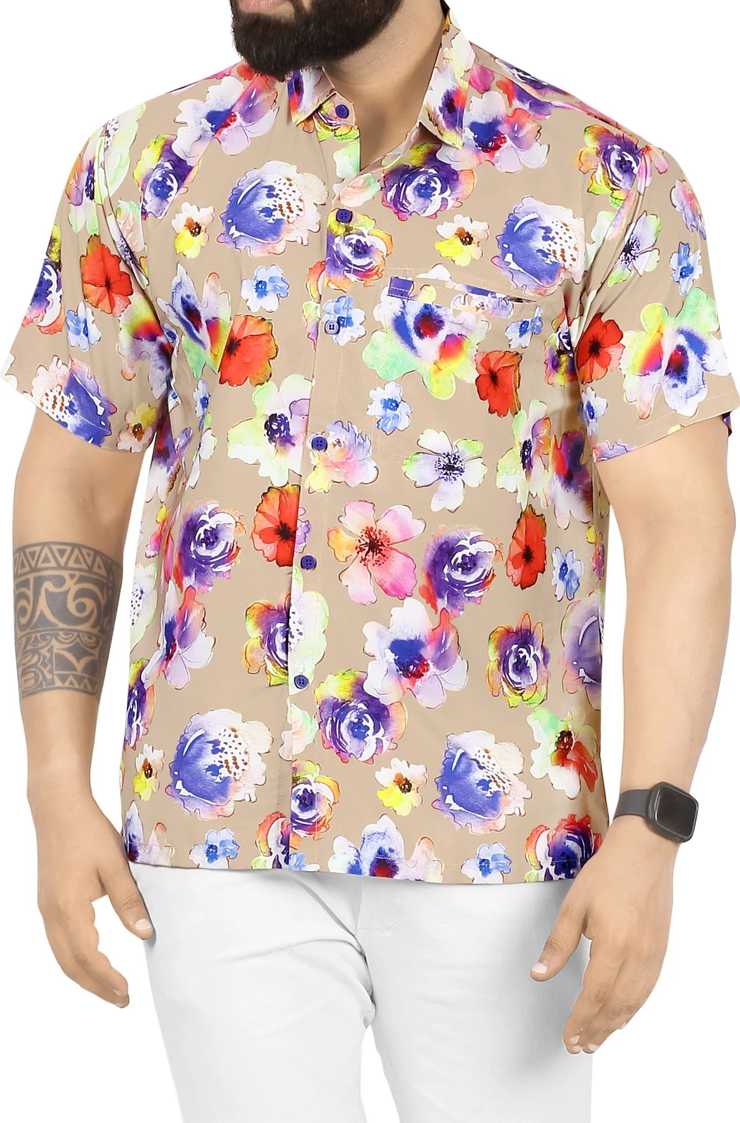HAPPY BAY Mens Hawaiian Short Sleeve Button Down Shirts M Floral Art, Brown
