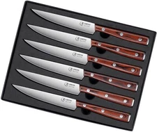 Premium Steak Knives Set of 6 in Gift Box - Polished Wood Handle, HC German S...