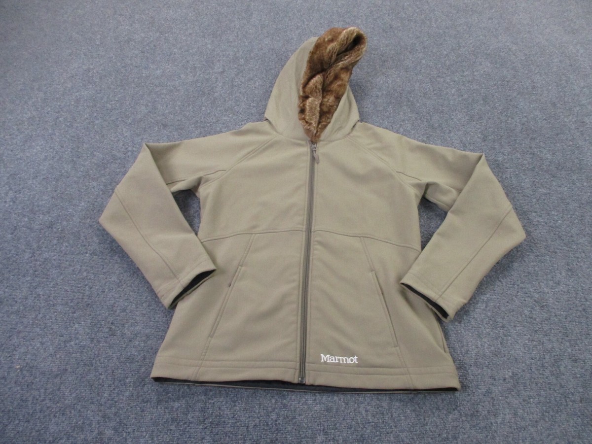 Marmot Jacket Womens M Beige Fuzzy Fur Trim Fleece Lined Outdoors Hiking  Preppy