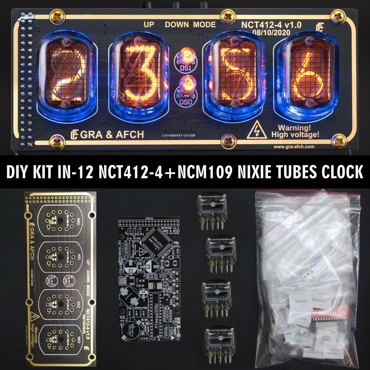 IN-12 Nixie Tube Clock On Acrylic Stand - Vintage Retro 12/24H Display With Alarm & Temperature