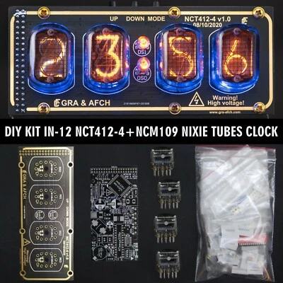 GRA & AFCH DIY KIT IN-12 Nixie Tube Clock on Acrylic Stand with Sockets 12/24H GOLDBLACK