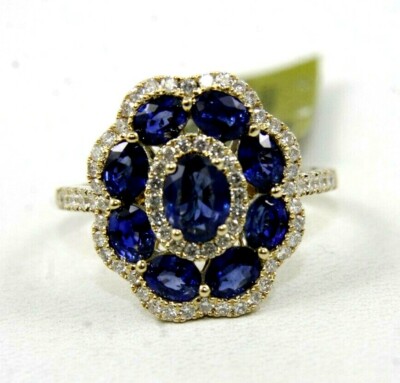 Natural Oval Blue Ceylon Sapphire & Diamond Cluster Ring 14k White Gold 2.94Ct