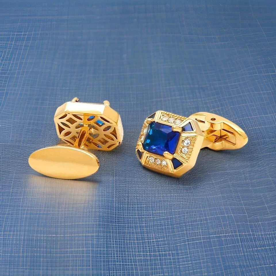 Abotoaduras masculinas de safira azul folheadas a ouro amarelo 14K corte esmeralda 3 quilates criadas em laboratório - Imagem 3 de 4