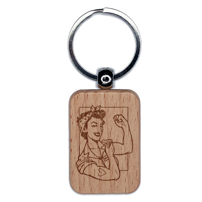 Pin-Up Rosie Flexing Bicep Engraved Wood Rectangle Keychain Tag Charm