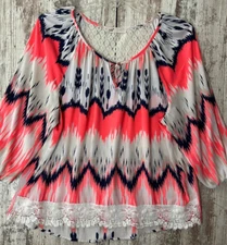 JOLT Women's Size L Colorful Chevron Stripe Lace Trim Blouse