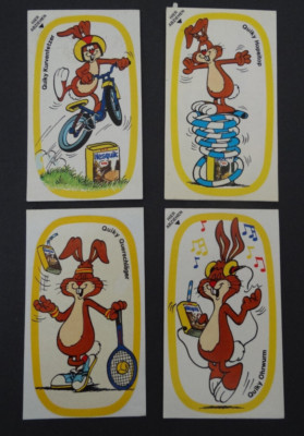 4 Stück Werbe-Aufkleber Nesquik Quicky Hase Kakaotrunk 80er Jahre Sammelbilder