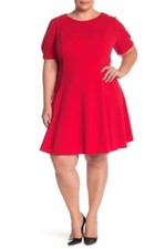 ELIZA J Red Stretch Knit Puff Short Sleeve Flare Skater Cocktail Dress 16W = 1X