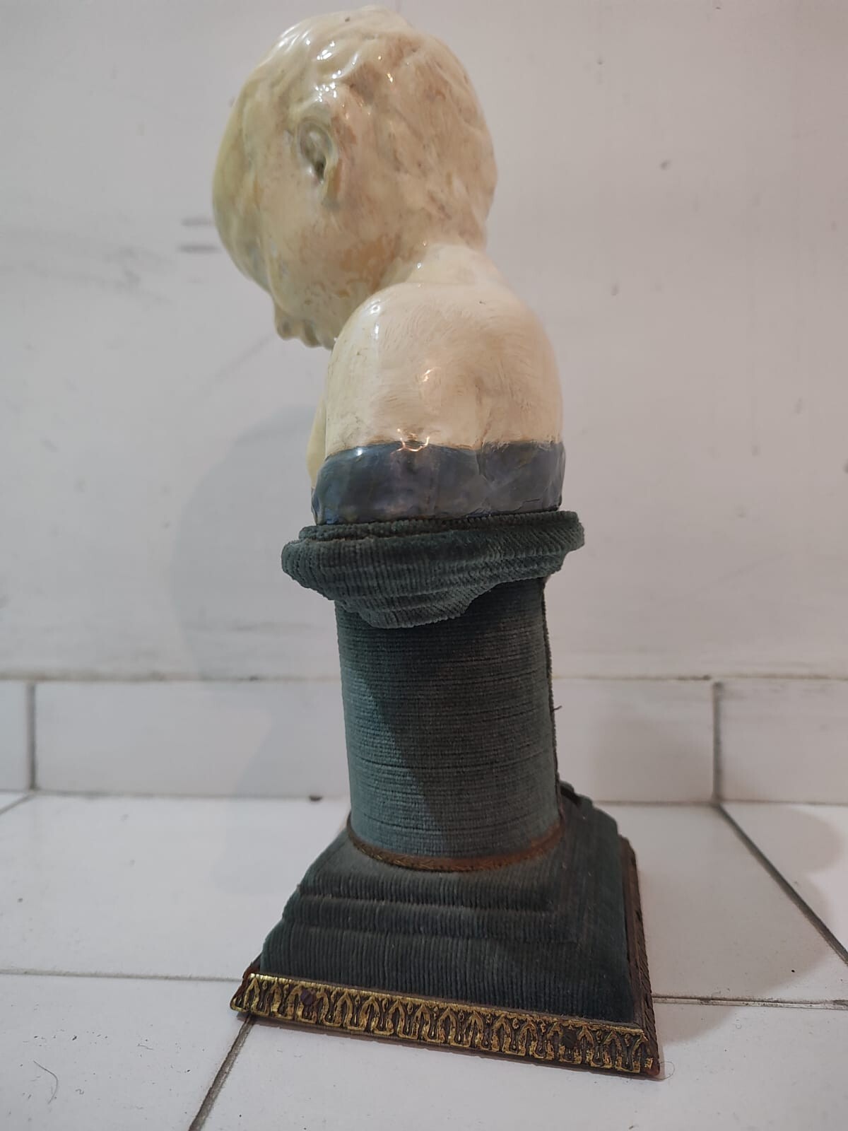 Ancient Roman bust of a pensive boy with lectern, illegible mark. Beautiful piec