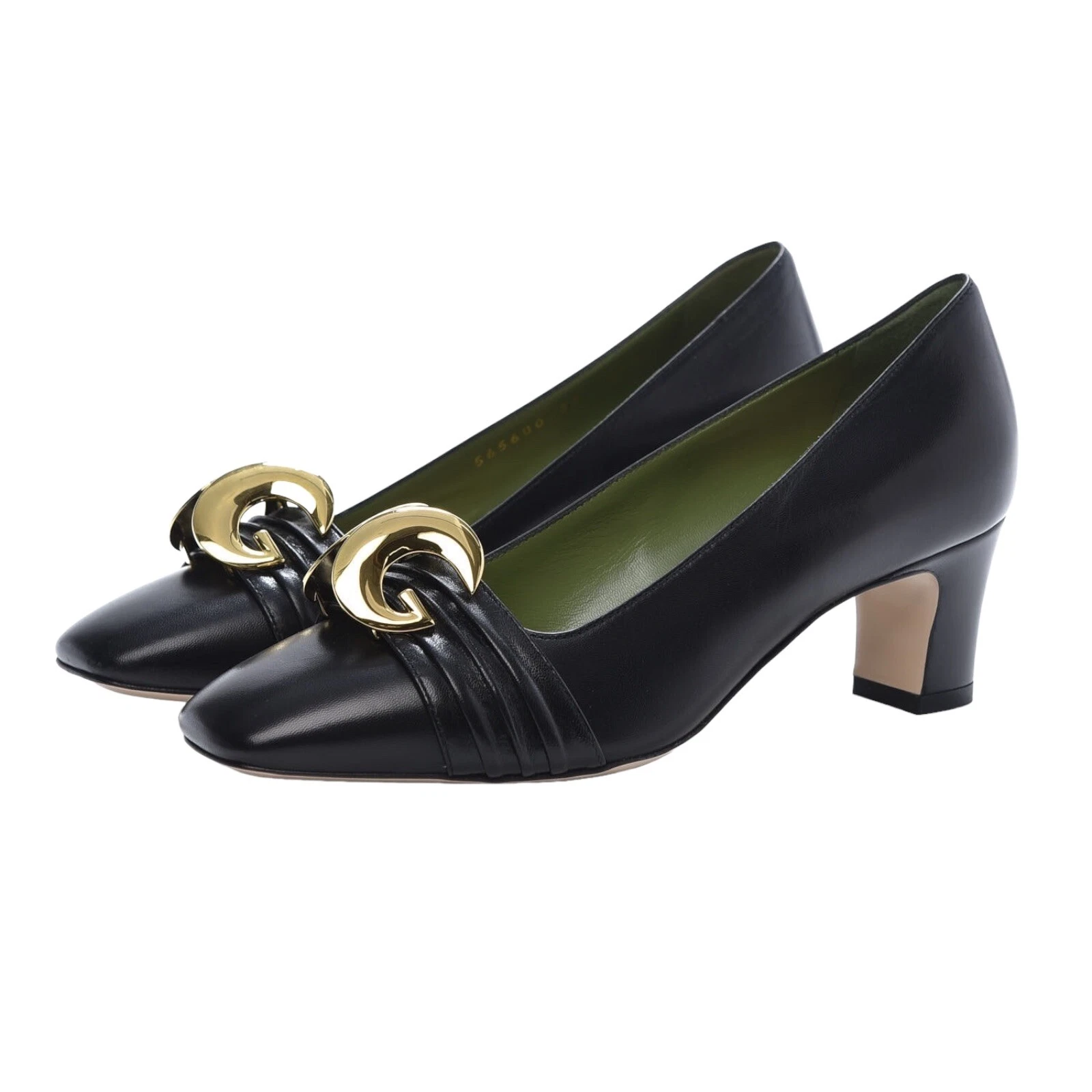 Escarpins à talons bas bout carré GUCCI Malaga enfant cuir noir demi lune GG, pointure 39,5