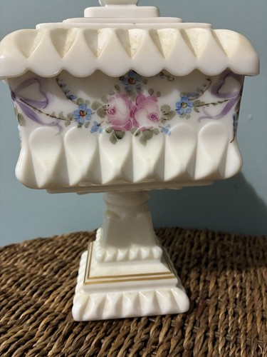 Vintage Milchglas Standschale mit Deckel handbemalt