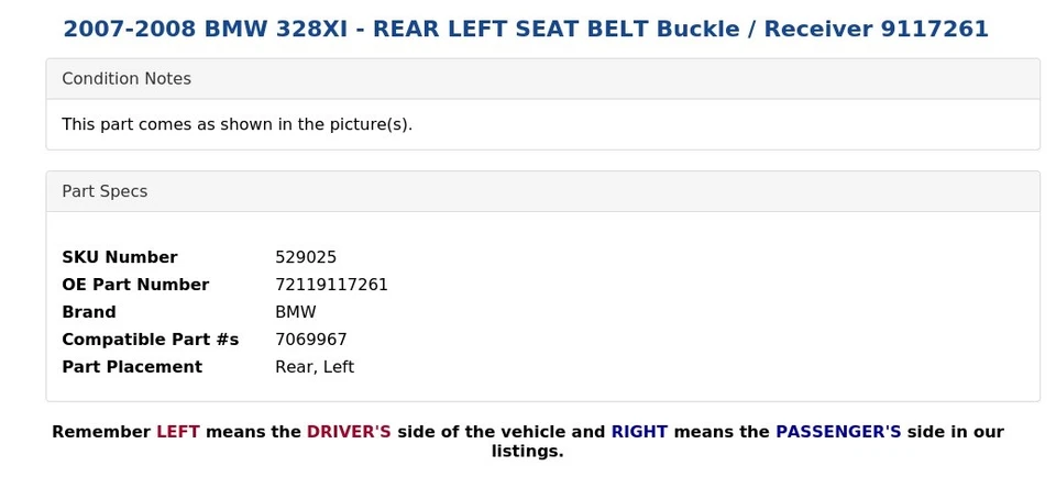BMW 328XI 2007-2008 - CINTURÓN DE SEGURIDAD TRASERO IZQUIERDO hebilla/receptor 9117261 Foto 4 de 4