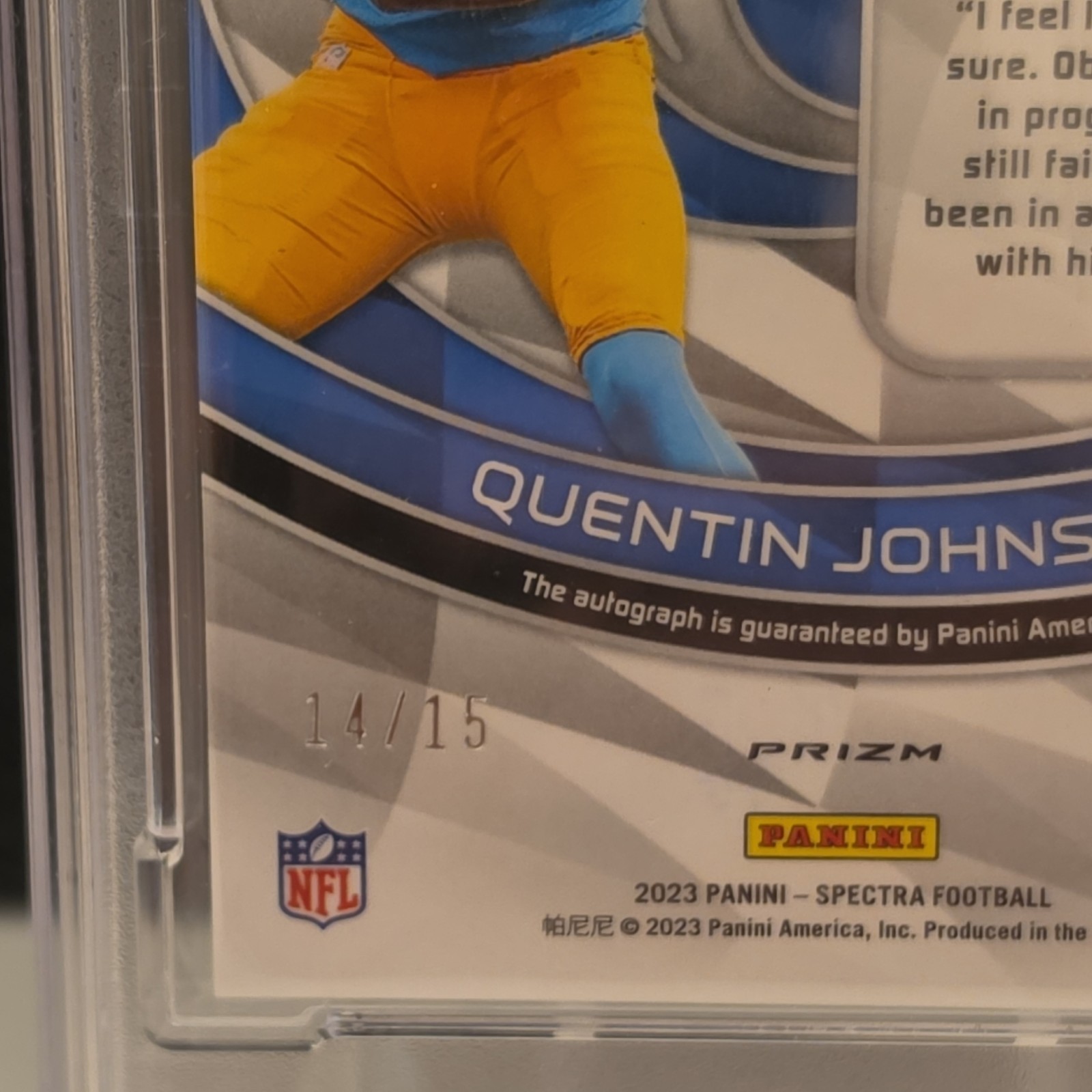 Panini 2023 Spectra Quentin Johnston Chargers RAU-14 Neon Pink /15 PSA 10, POP 1 view 5