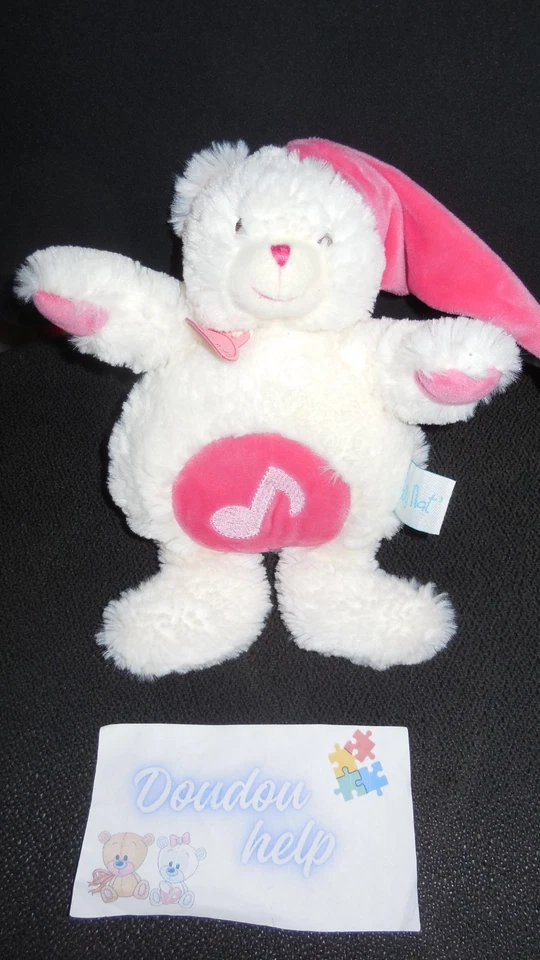 doudou peluche ours câlins musical blanc rose BABY NAT' babynat - Photo 1/1