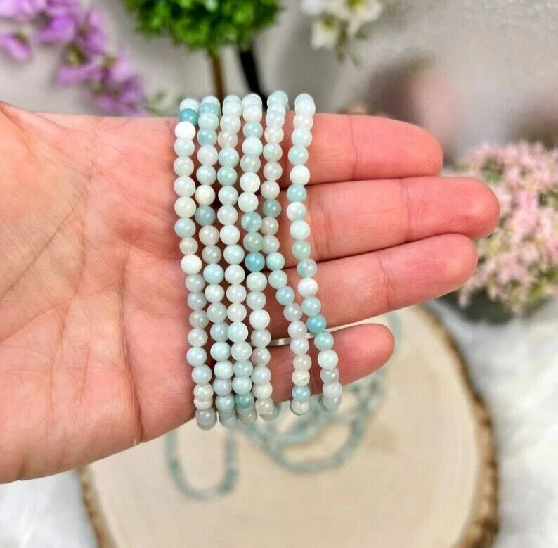Pulsera elástica de cristal curativo con cuentas de 4 mm de piedras preciosas de amazonita azul 3 piezas regalos Foto 4 de 4