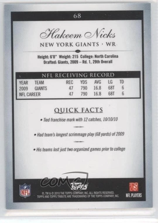 2010 Topps Tribute Green Rainbow /50 Hakeem Nicks #68 - Image 2 of 2