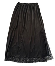 Vintage Black Lace Slit Slip Lingerie Silky Satin Skirt Undergarment