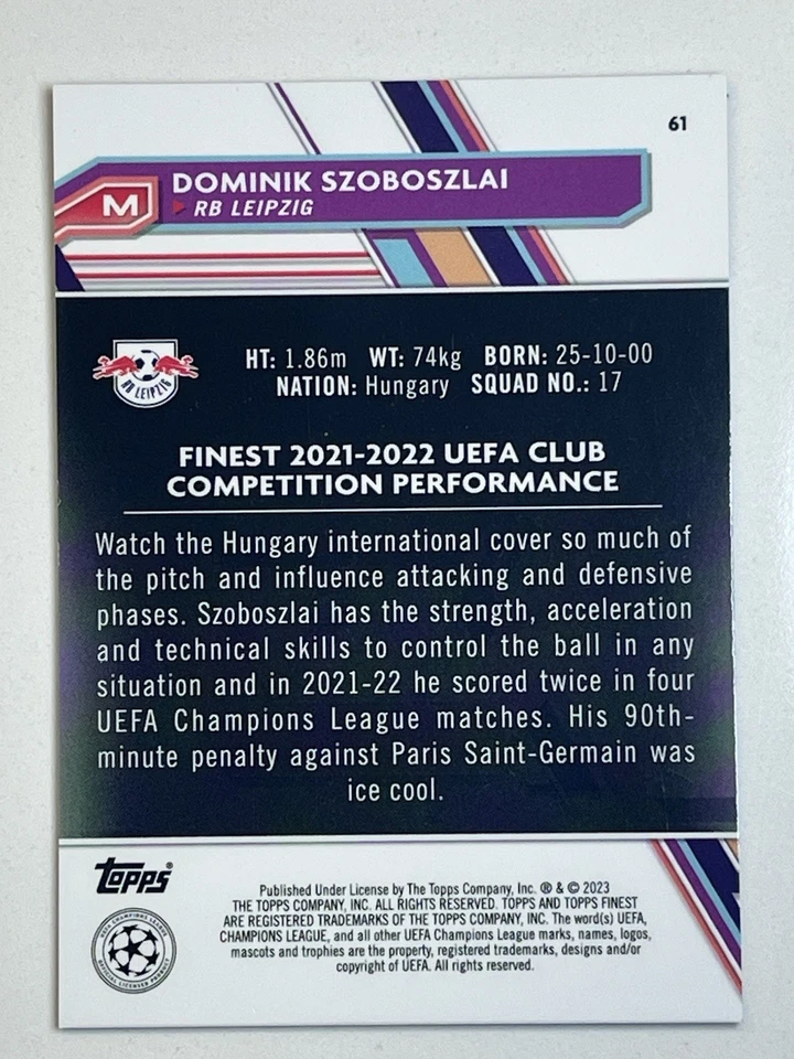Dominik Szoboszlai 2023 Topps Finest #61 UCL Sky Blue refractor 110/275 RARE/LTD - Image 2 of 2
