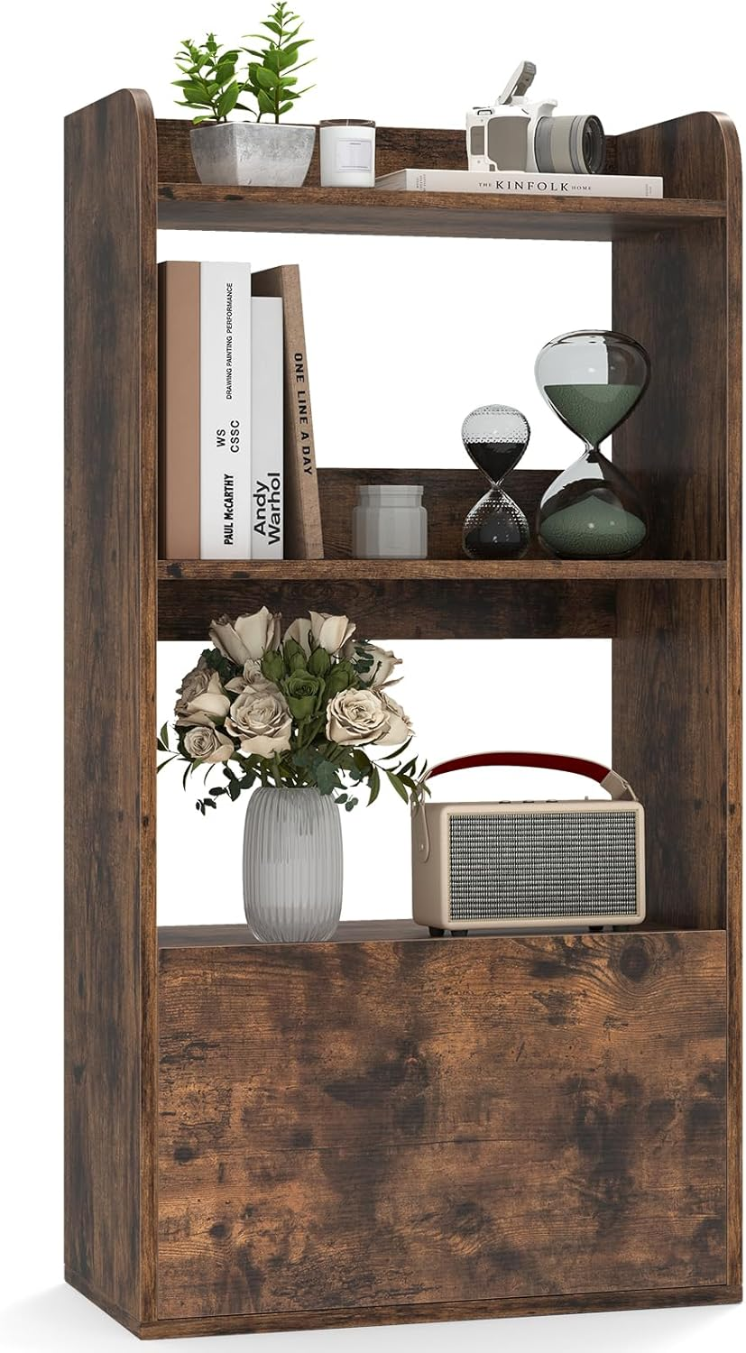Bookshelf Tall Wooden Bookcase 3 Tier Shelf with Drawer Storage Rustic Brown