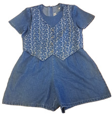 Vintage Denim Romper Womens 1980s Vest Tieback Shoulder Pads Large Petite