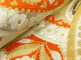 7761844: JAPANESE KIMONO / ANTIQUE FUKURO OBI / SILK / WOVEN FLOWER