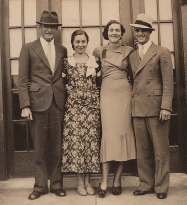 1930s Cute Couple Friends Portrait Men Women Suits Dresses Entrance Steps