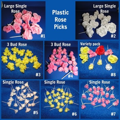 New Vintage Plastic Rose Cake, Craft Picks, variety of colors, 12-24 ct pack