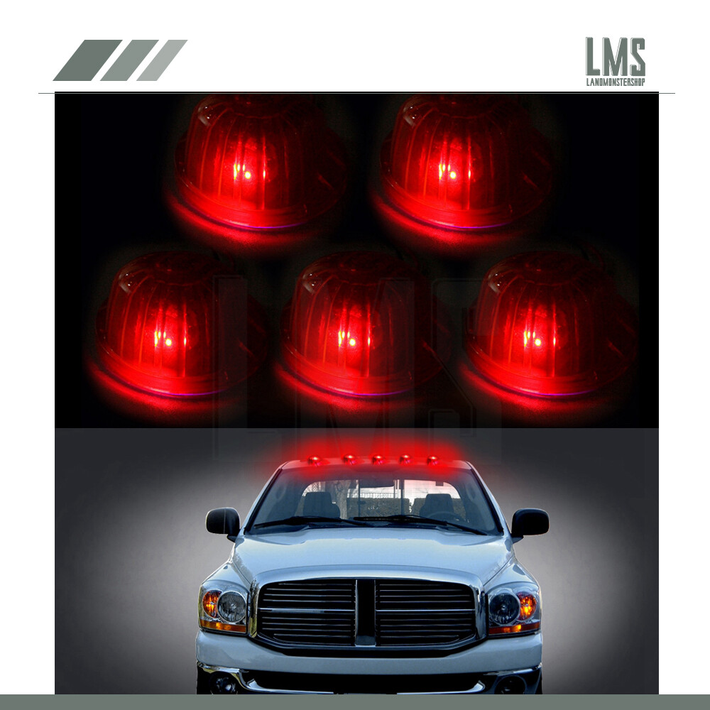 5 Amber Roof Top Cab Marker Light Lenses with 5 Red LED Bulbs for Trailer Pickup Truck