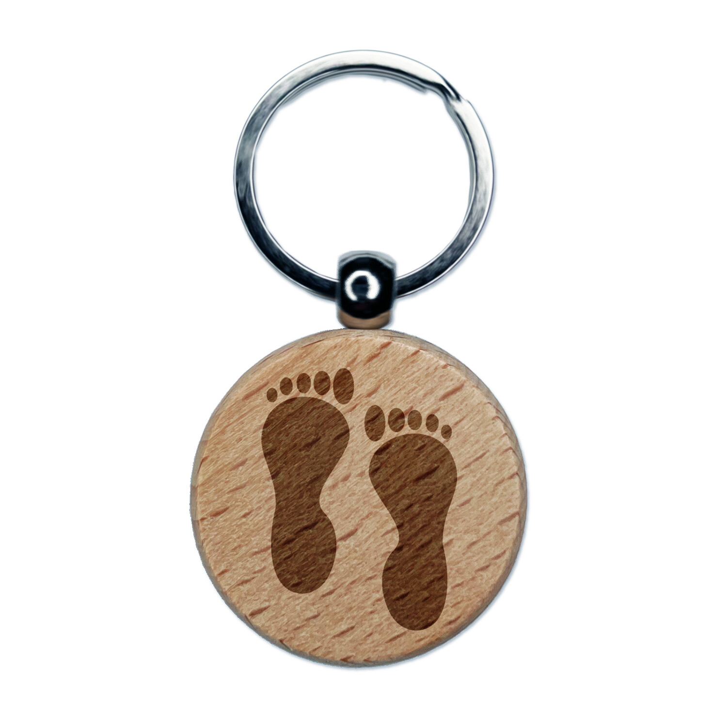Foot Prints Solid Engraved Wood Round Keychain Tag Charm