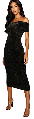 BOO HOO On/Off Shoulder Bodycon Dress 10Tall NWT Black Gold Shimmer Midi Stretch