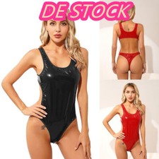 DE`Damen Lackleder Bademode Tank Bodysuit Wet Look Badeanzug Open Back Catsuit