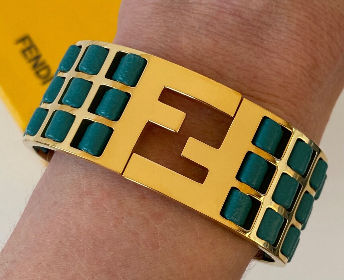 NEW FENDI GOLD METAL FF CUT BLUE LEATHER FENDISTA OUT CUFF NEW FENDI GOLD METAL FF CUT BLUE LEATHER FENDISTA OUT CUFF