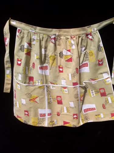 Vintage Olive Green Apron Kitchen Print Hostess AP70