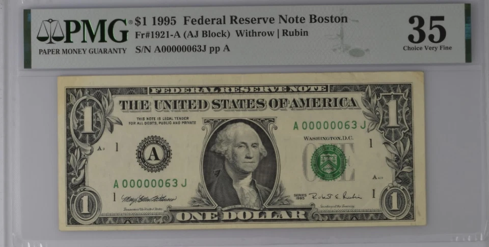 Low Trinary Tow Digit Fancy Serial Number $1 FRN Boston Six In Row 0s PMG 35  - Image 2 of 4