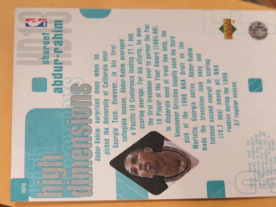 Shareef Abdur-Rahim 1997-98 Upper Deck High Dimensions #HD18 Limited Card /2000 - Image 4 of 4