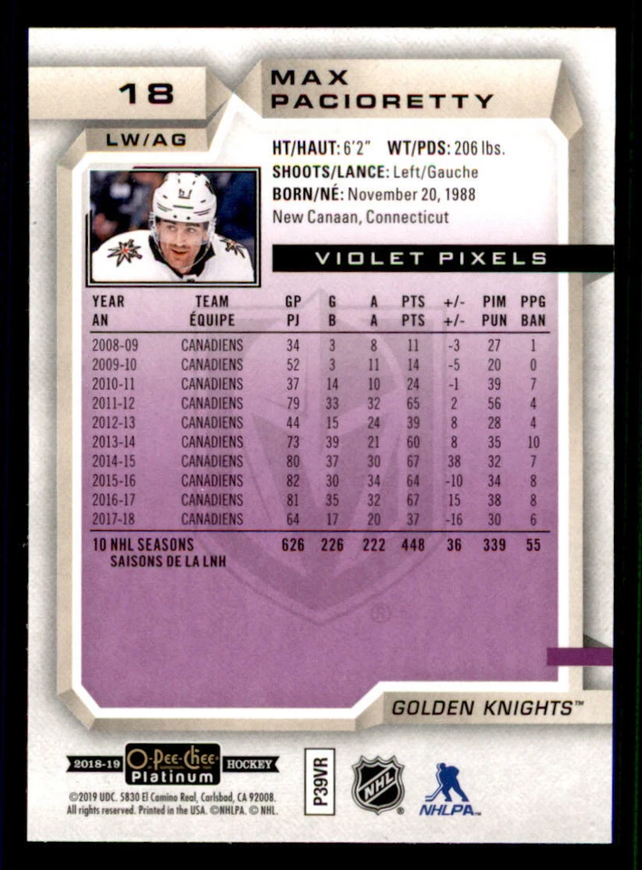 2018-19 O-Pee-Chee Platinum Violet Pixels #18 Max Pacioretty - Image 2 of 2