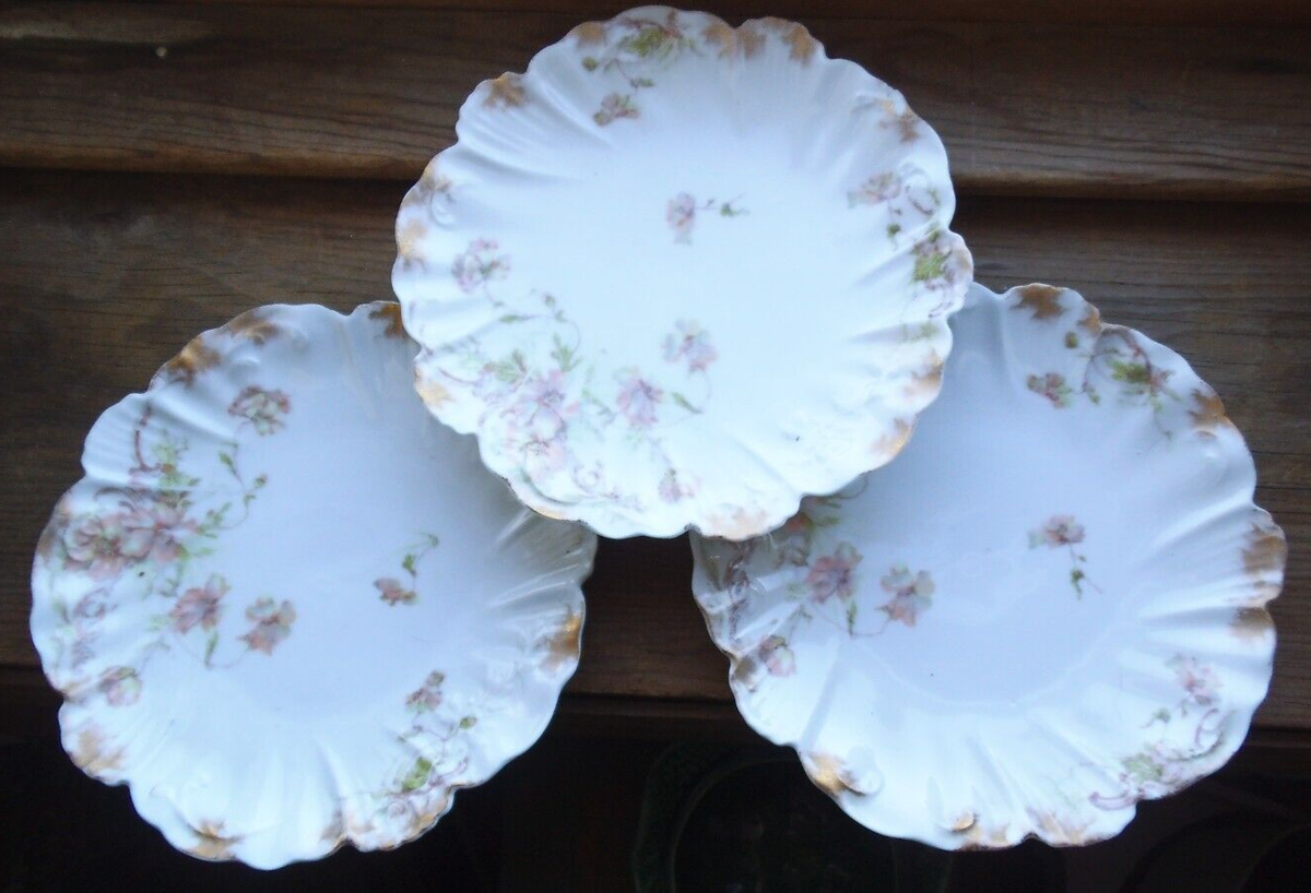 Antique Limoges 3 Plates AL Lanternier Hand Painted Peach Floral