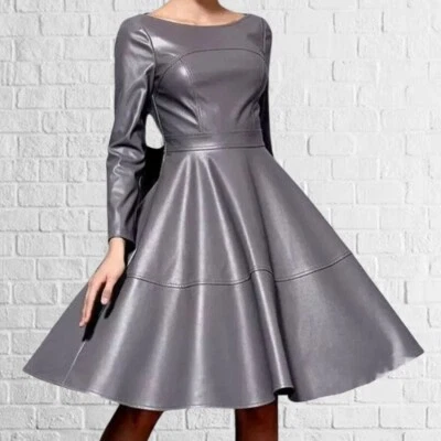 Damen Grau Leder Kleid Original Lammleder Damen Mode Übergröße Langärmelig - Bild 1 von 2