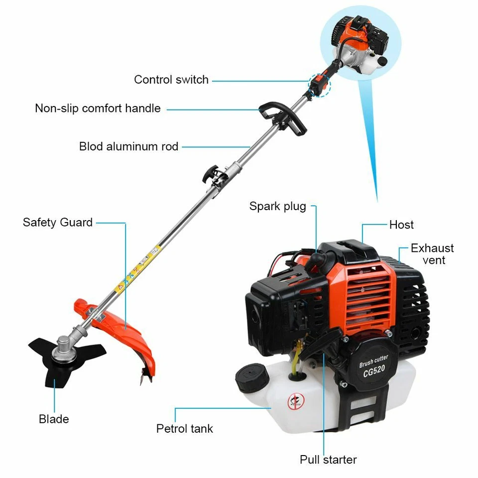 52cc 5-in-1 Hedge Trimmer Tool Petrol Strimmer Brush Cutter Garden Chainsaw Tool - Image 2 of 4