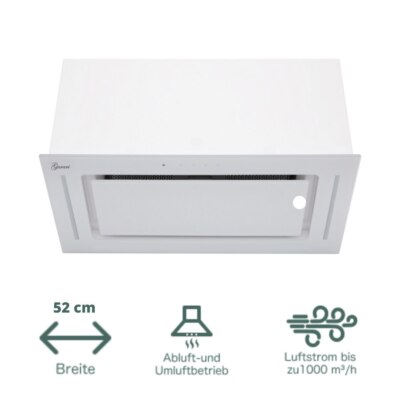 Elegante Deckenhaube 52cm Gurari 217WH aus Weißglas, Leistung: 1000m³/h
