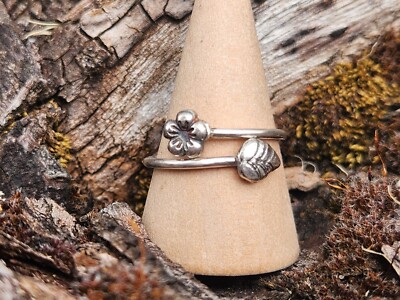 Handmade Artisan Sterling Silver 925 Flower Leaf Adjustable Ring