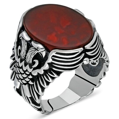 Solid 925 Sterling Silver Double Headed Eagle Flat Red Agate Stone Men's Ring