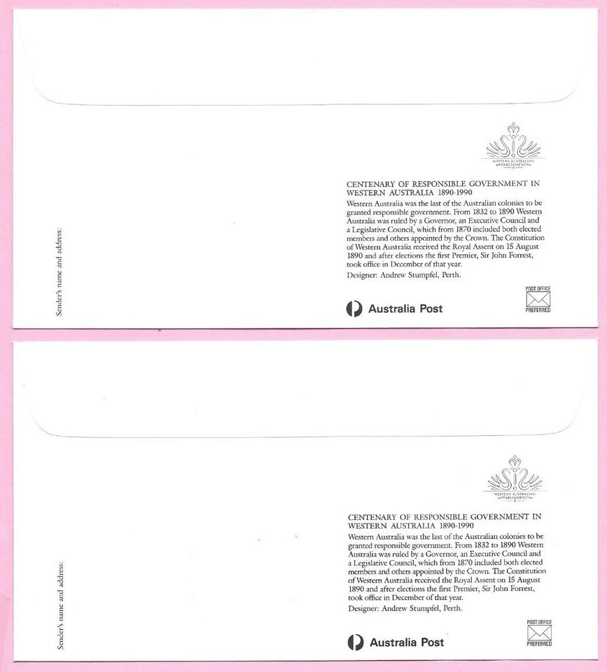 AUSTRALIA 1990 Pair of PSE's - FDC & Mint - RESPONSIBLE GOVERNMENT Shs Perth - Image 2 of 2