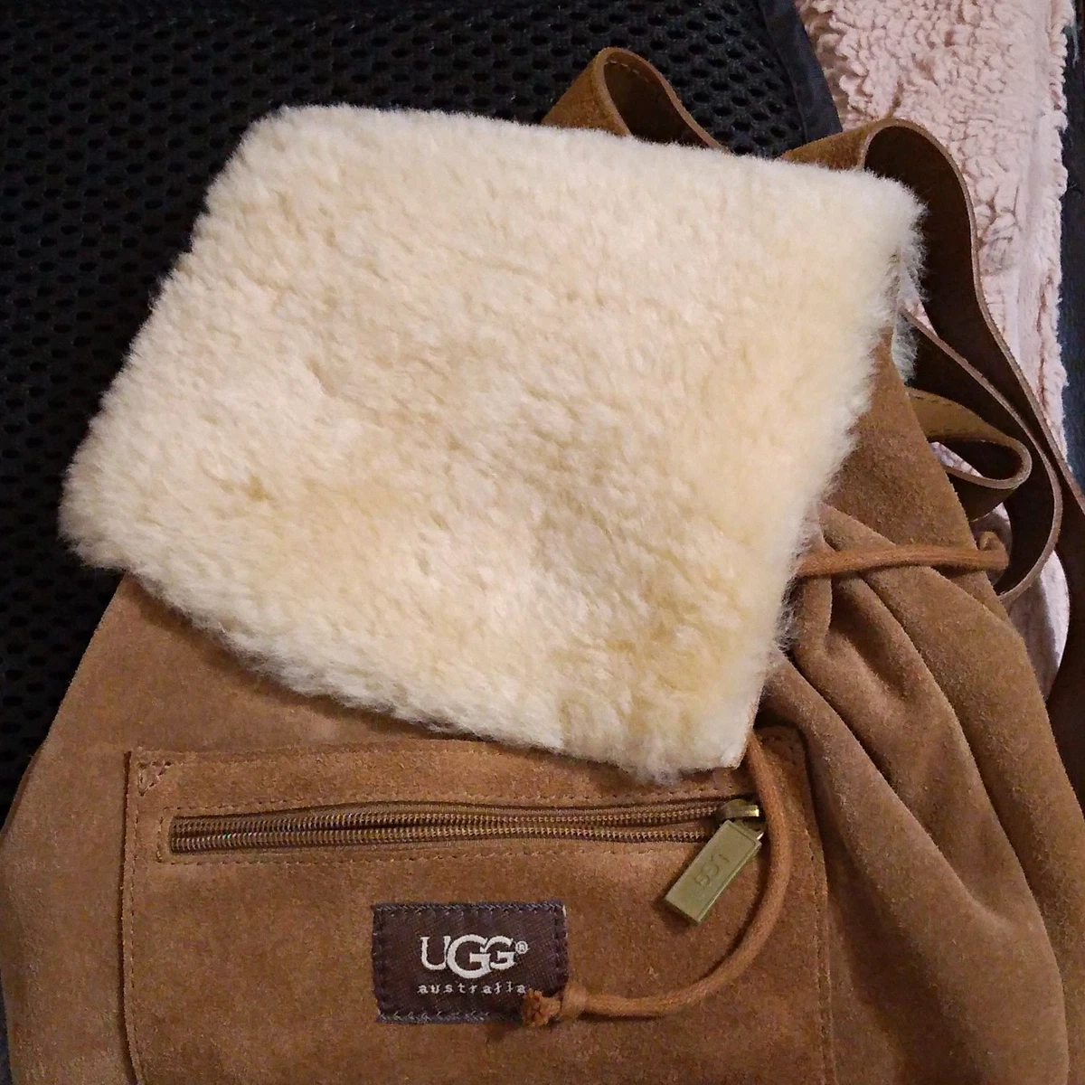 UGG Australia Mini Backpack Pink Suede Shearling Fur Trim Drawstring Bag Small Women\ main image 4