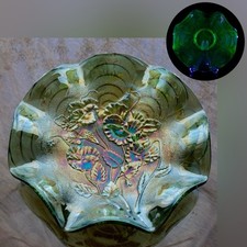 UV Reactive Dark Uranium Glass Imperial Carnival Glass Pansy Bowl