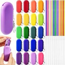 20 Sets Silicone Straws with Case Reusable Collapsible Foldable Travel Portab...
