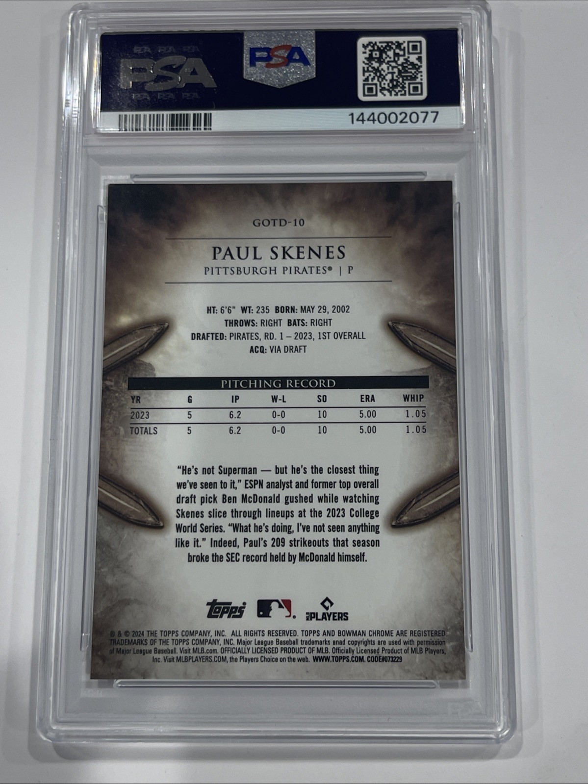 2024 Bowman Paul Skenes Gladiators of the Diamond Chrome RC #GOTD-10 PSA 10 view 4